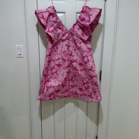 Pink Floral Ruffle V-Neck Mini Dress - Picture 3 of 7